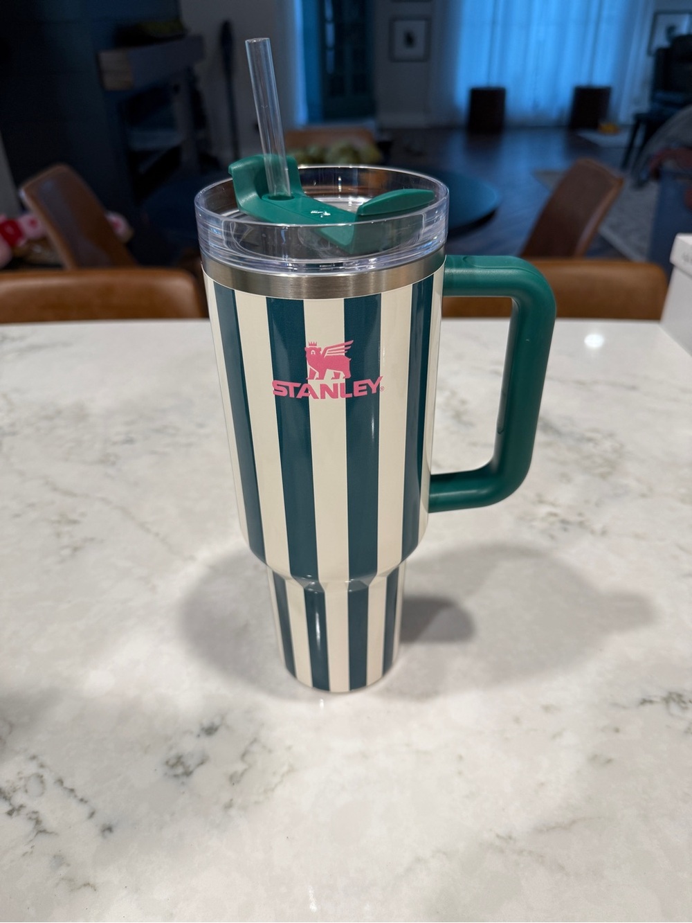 Stanley Green & Cream Striped Tumbler with Handle 40oz